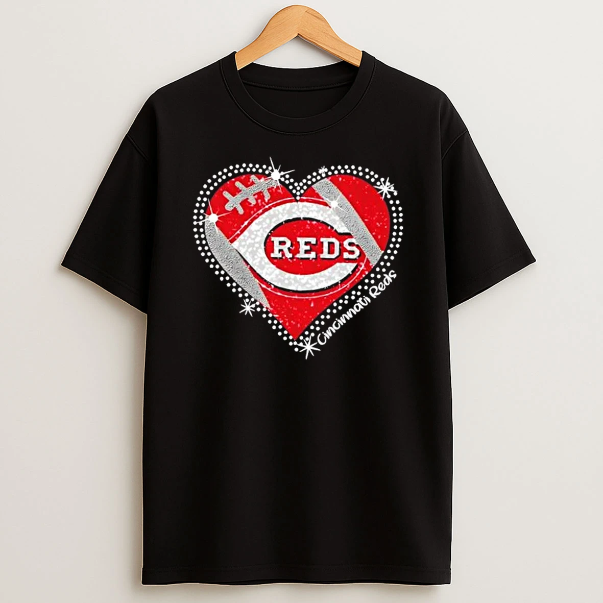 Glitter Heart Cincinnati Reds Baseball Logo T Shirt