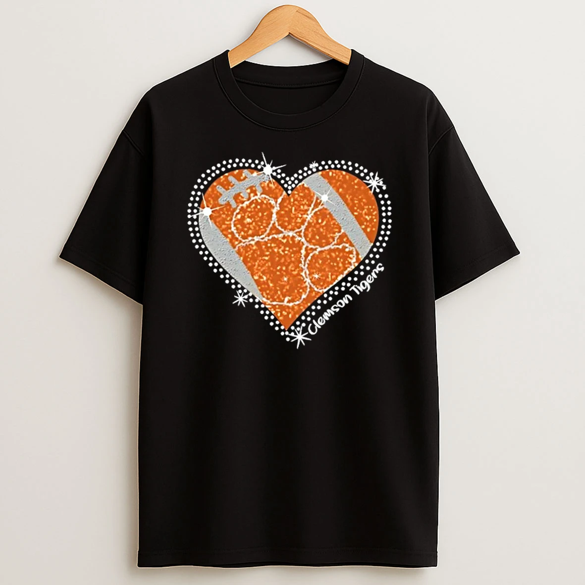 Glitter Heart Clemson Tigers Football Logo T Shirt