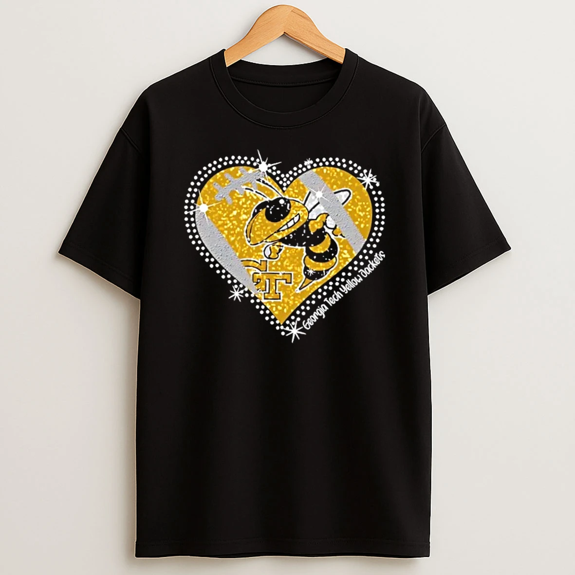 Glitter Heart Georgia Tech Yellow Jackets Football Logo T Shirt