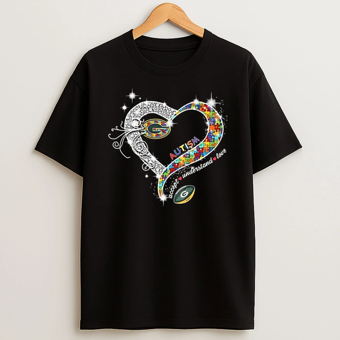 Green Bay Packers Accept Understand Love Autism Diamond Heart 2026 T Shirt