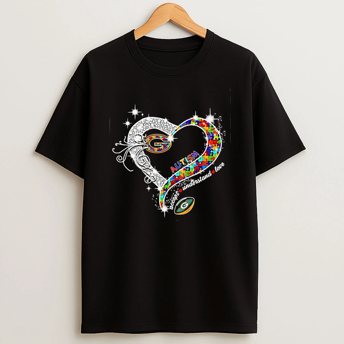 Green Bay Packers Autism Accept Understand Love Football Heart T Shirt