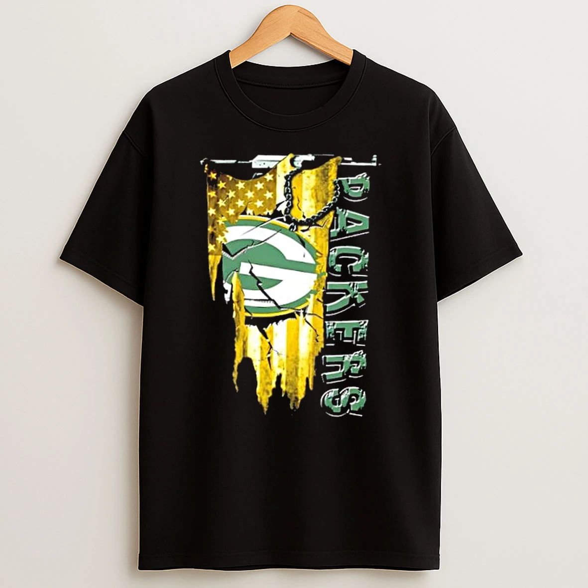 Green Bay Packers Football Battle Shattered Usa Flag Rip Design T Shirt