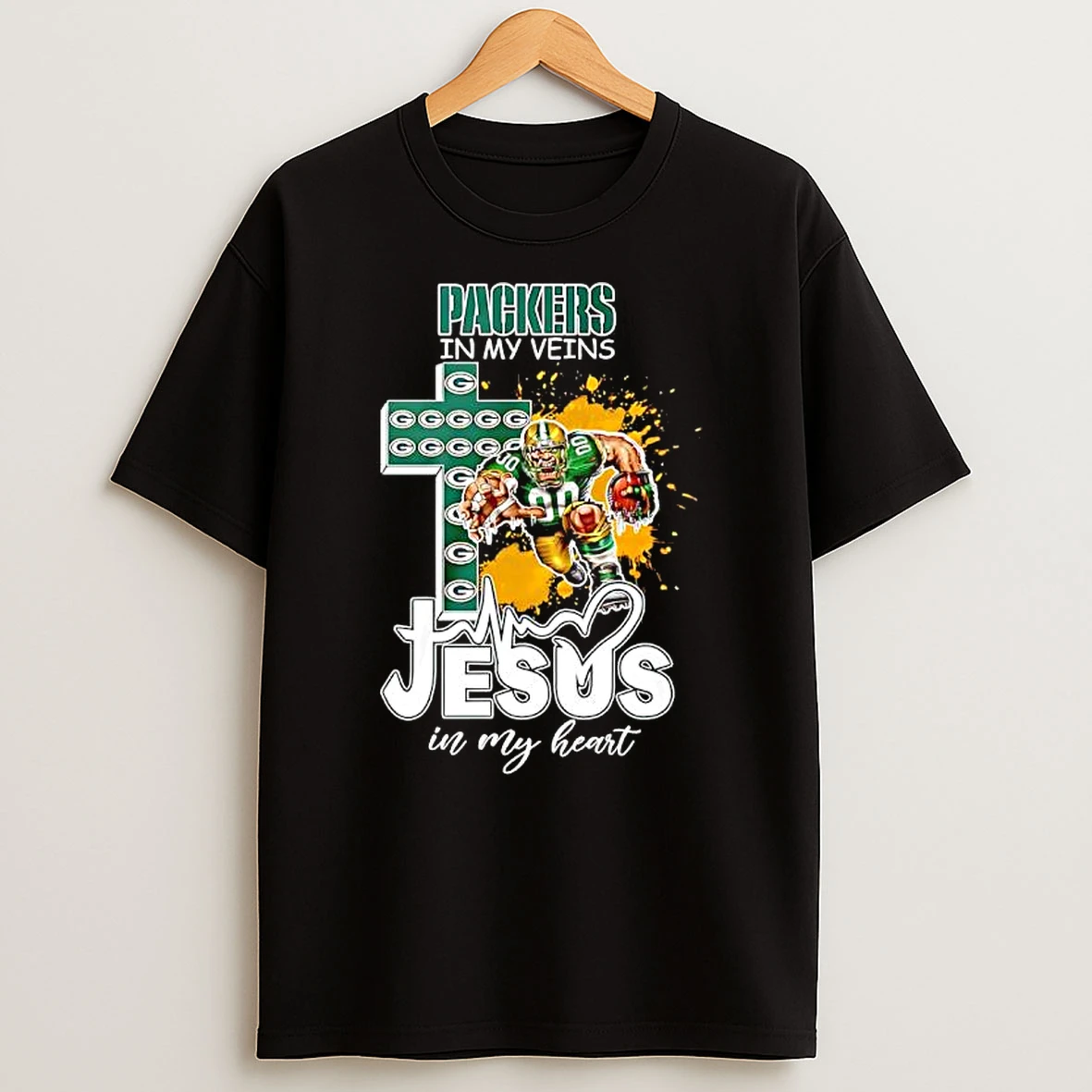 Green Bay Packers In My Veins Jesus In My Heart Features A Football Player Logos Cross T Shirt