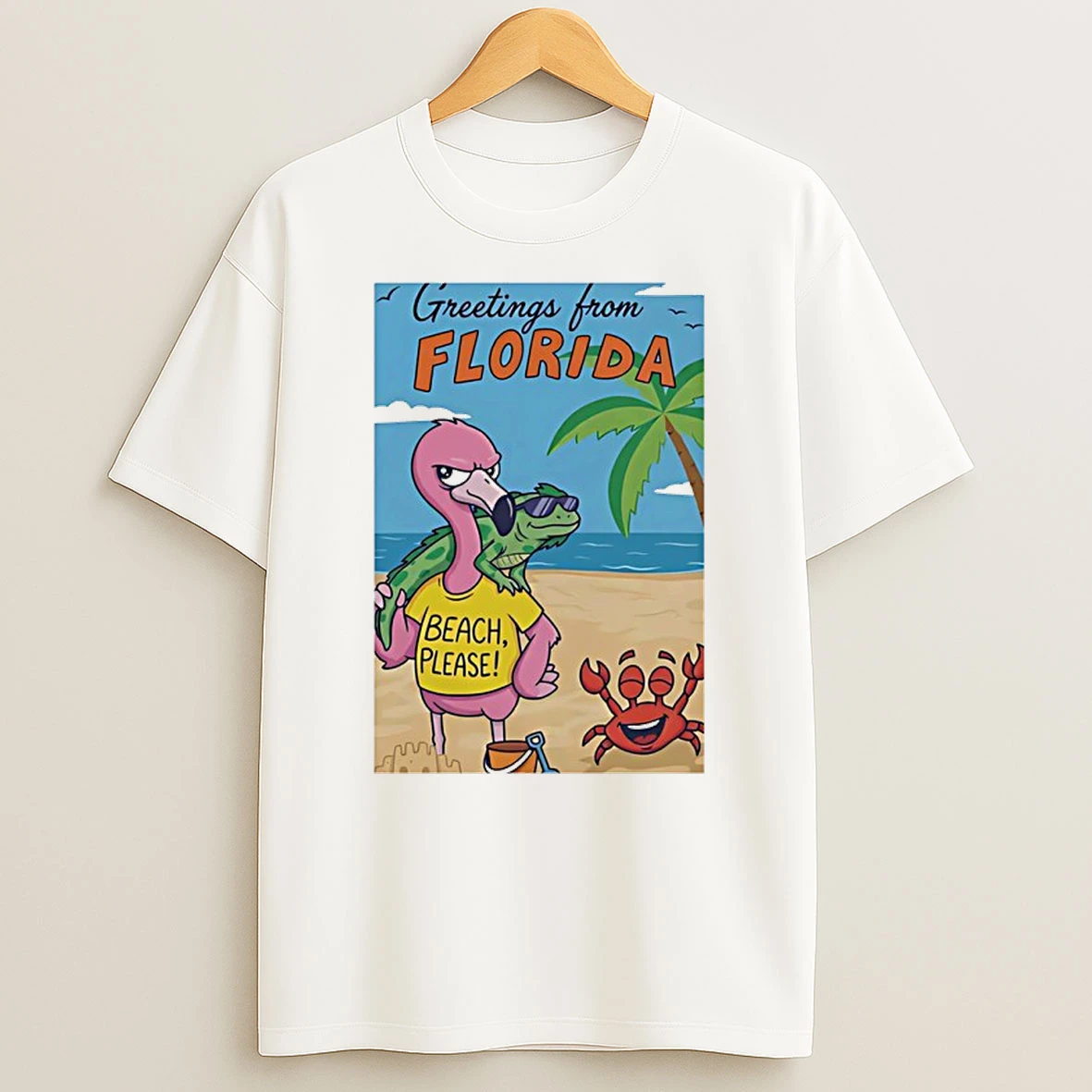 Greetings From Florida Pink Flamingo Iguana Beach Please Happy Crab T Shirt