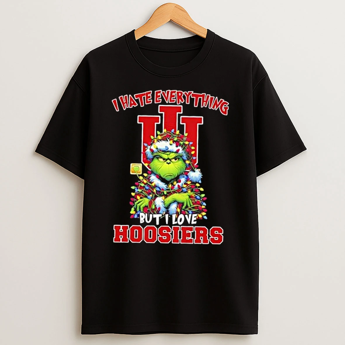 Grinch I Hate Everything But I Love Indiana Hoosiers Christmas Lights T Shirt