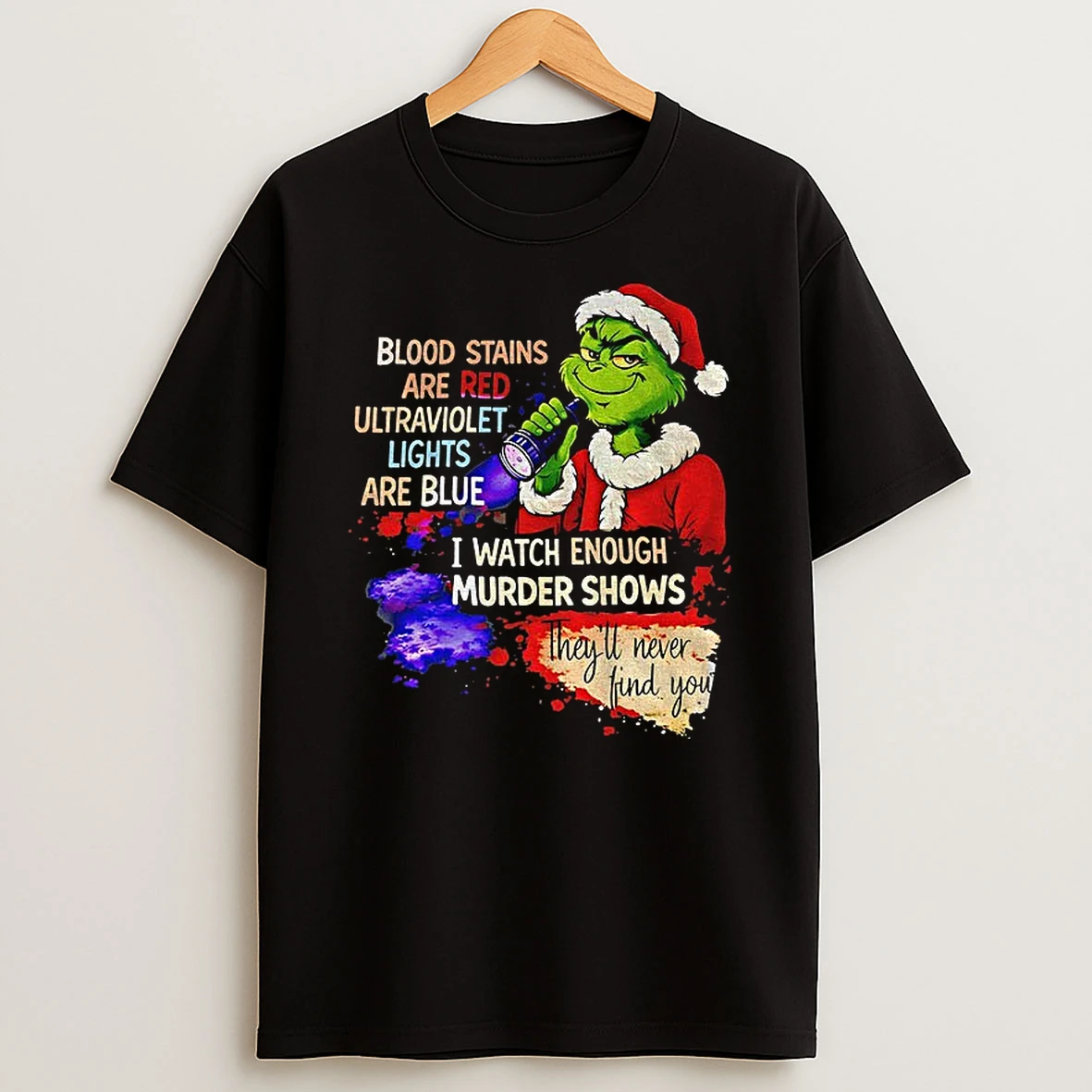Grinch Santa Blood Stains Are Red Ultraviolet Lights Are Blue I Watch Enough Murder Shows Christmas T Shirt
