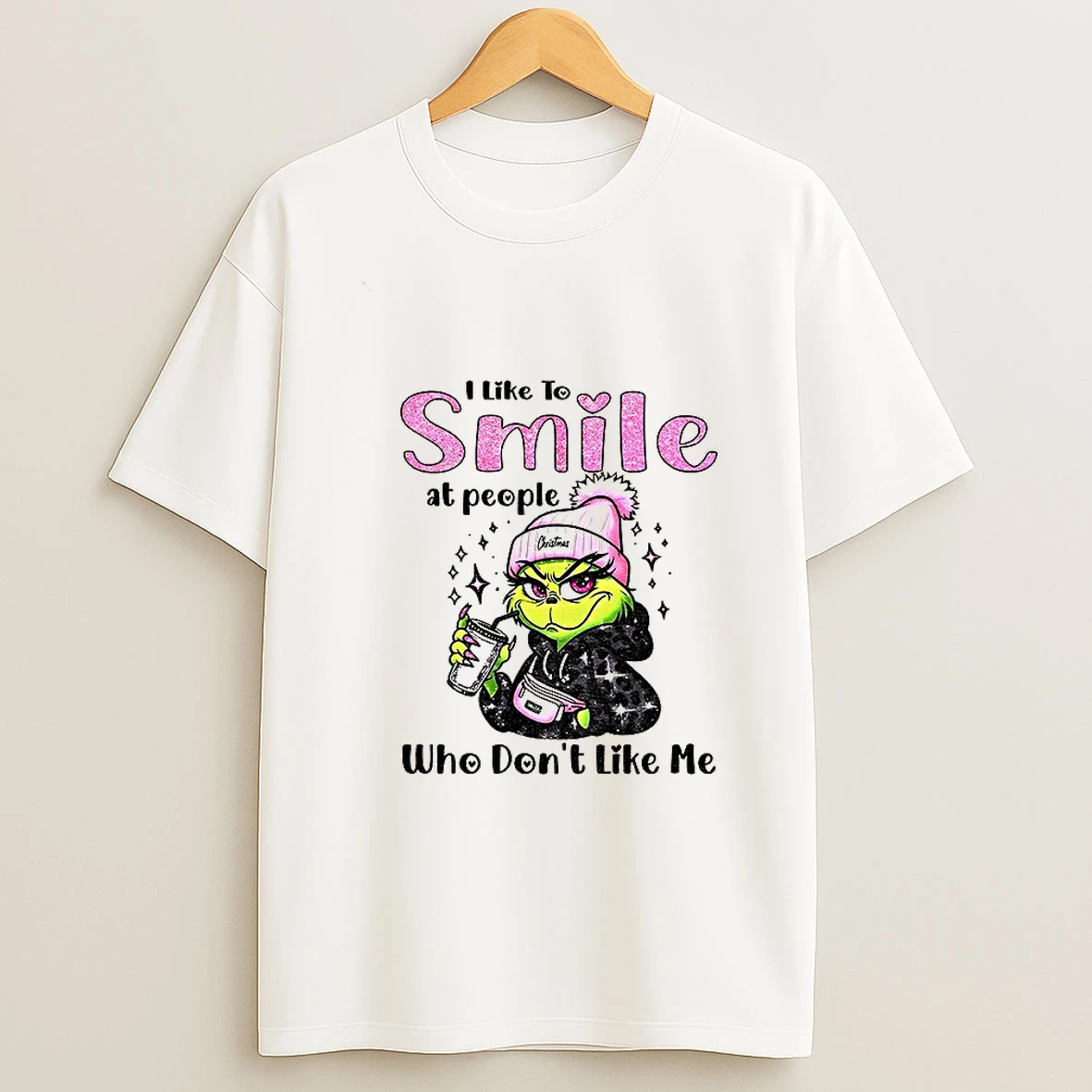 Grinch Santa Hat I Like To Smile At People Who Dont Like Me Christmas T Shirt