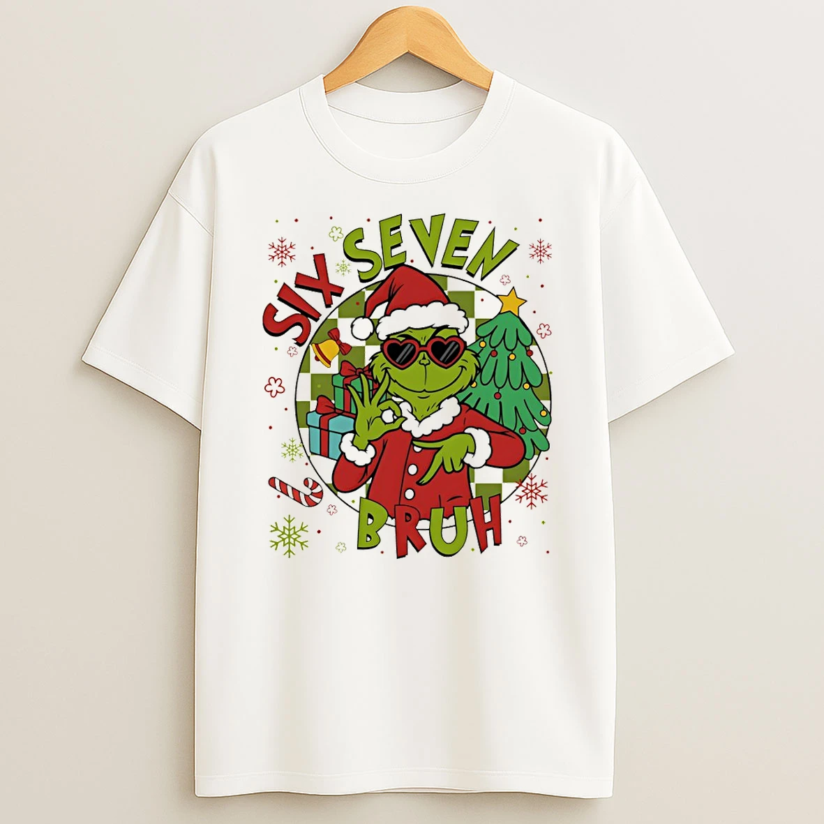 Grinch Santa Hat Six Seven Bruh Merry Christmas T Shirt