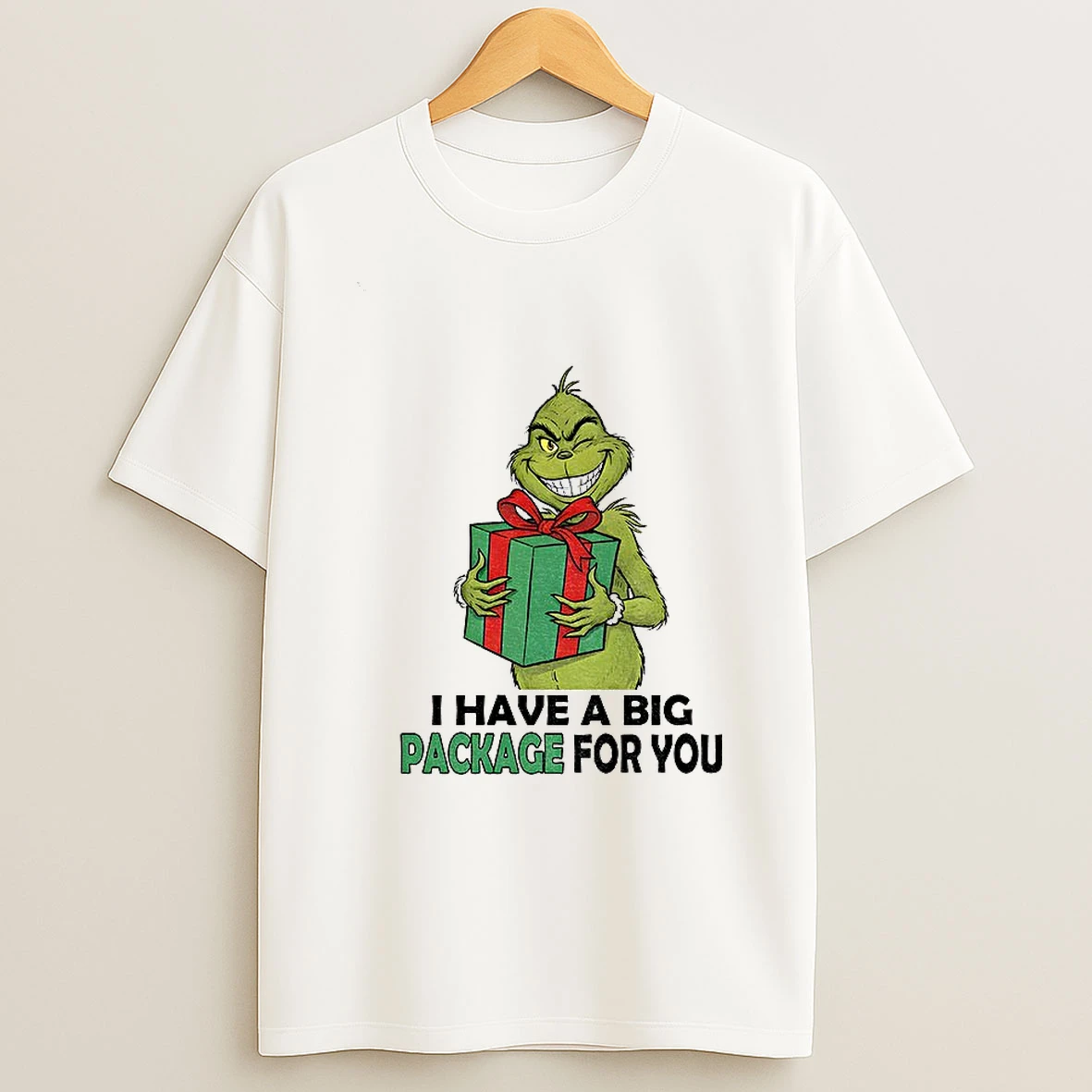 Grinch Santa Holding Gift I Have A Big Package For You Christmas T Shirt
