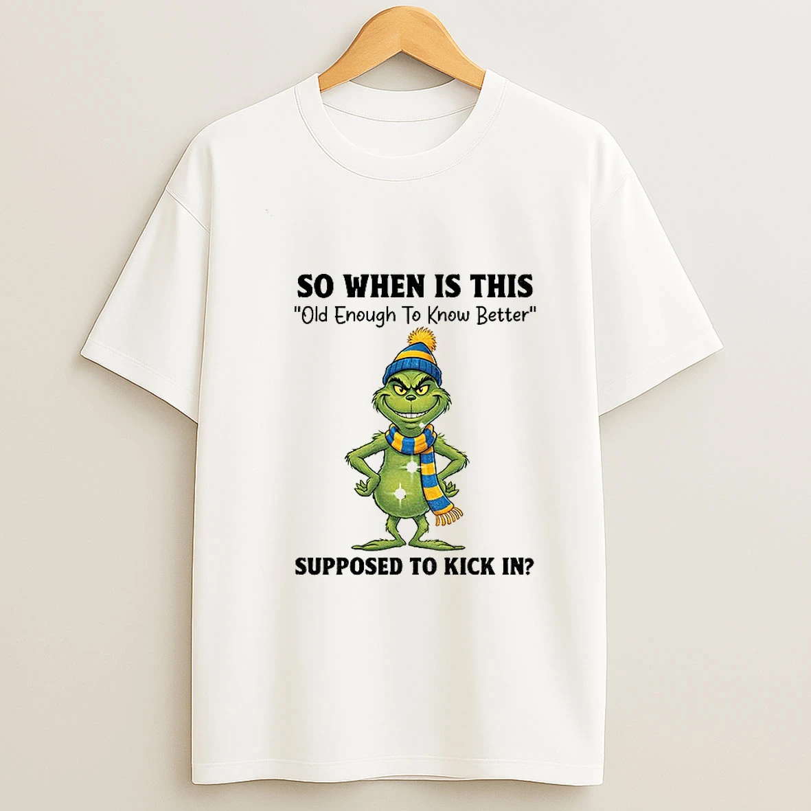 Grinch Santa So When Is This Old Enough To Know Better Supposed To Kick In Christmas T Shirt