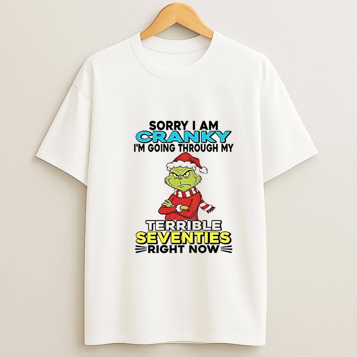 Grinch Santa Sorry I Am Cranky Im Going Through My Terrible Seventies Right Now Christmas T Shirt