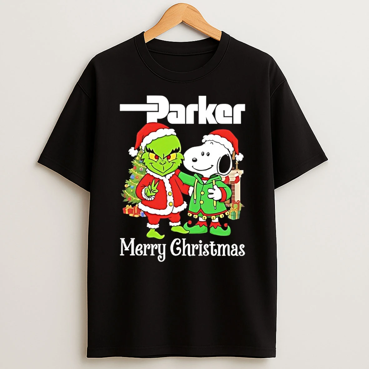 Grinch And Snoopy Santas X Parker Hannifin Merry Christmas T Shirt