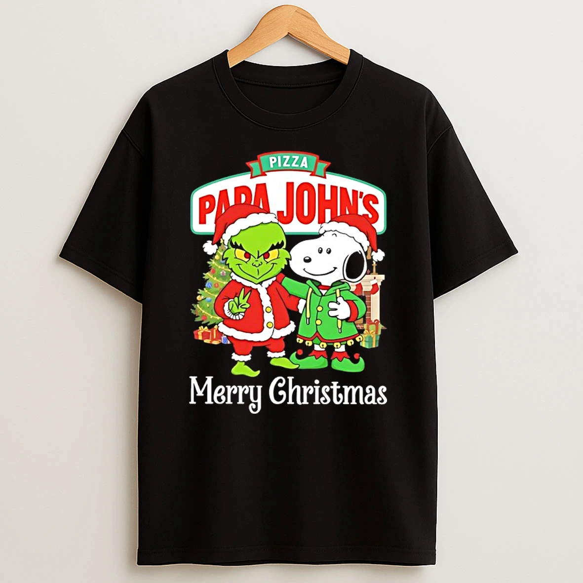 Grinch And Snoopy Santas X Pizza Papa Johns Merry Christmas T Shirt