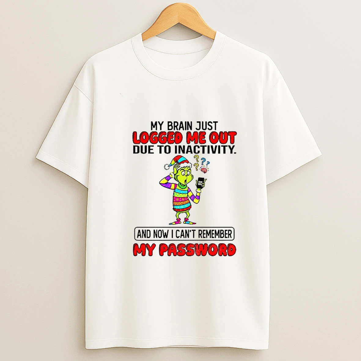 Grinch My Brain Just Logged Me Out Due To Inactivity And Now I Cant Remember My Password Christmas T Shirt