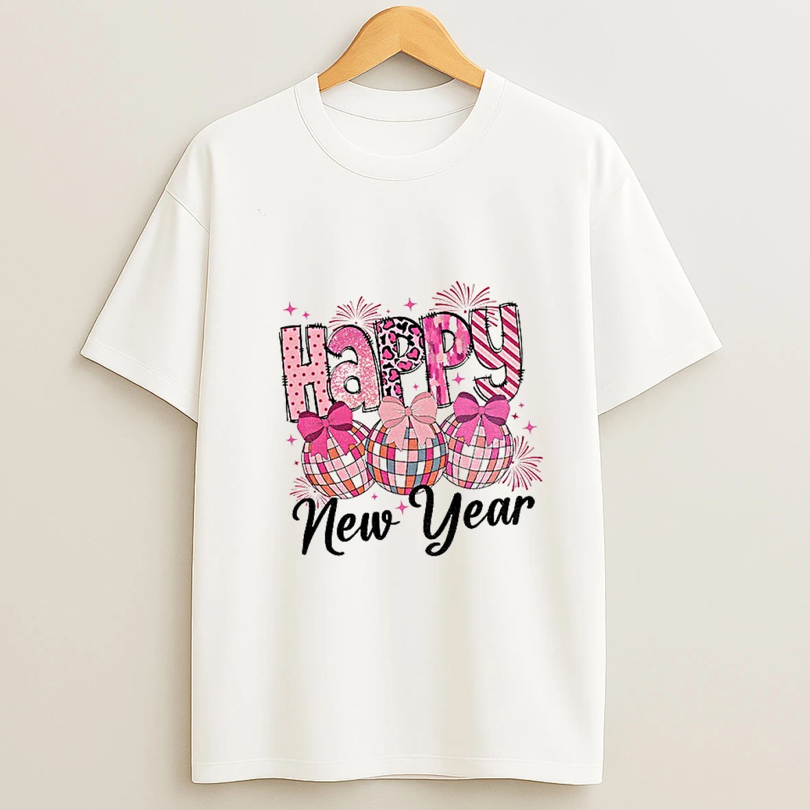 Happy New Year 2026 Pink Coquette Bow Disco Ball T Shirt