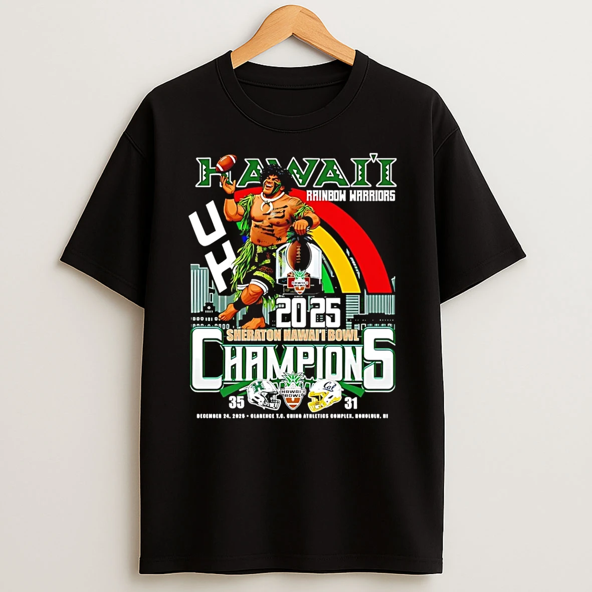 Hawaii Rainbow Warriors 2025 Hawaii Bowl Champions Mascot Score T Shirt