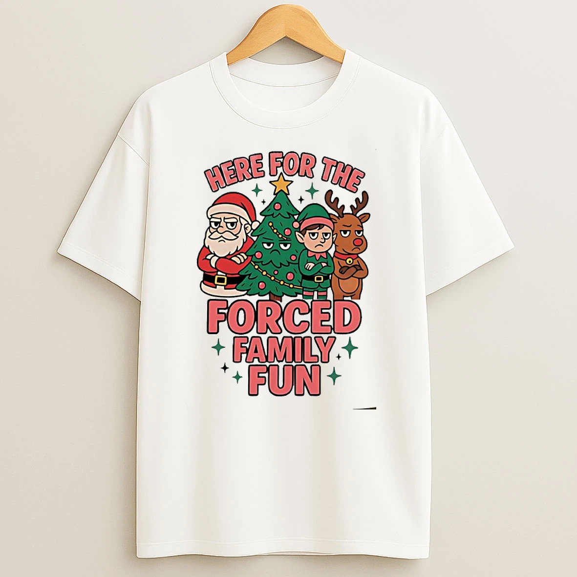 Here For The Forced Family Fun Santa Elf Reindeer Tree Christmas Circle T Shirt