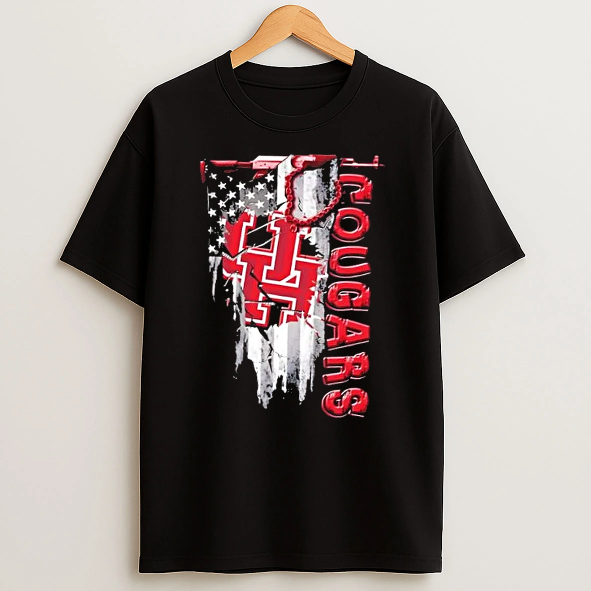 Houston Cougars Football Battle Shattered Usa Flag Rip Design T Shirt