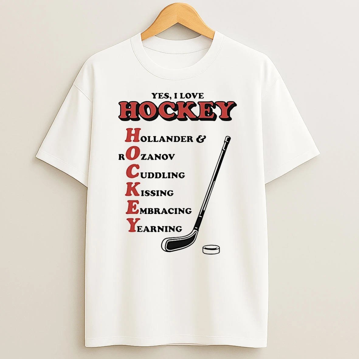 I Love Hockey Acronym Hollander Rozanov Cuddling Kissing Embracing T Shirt