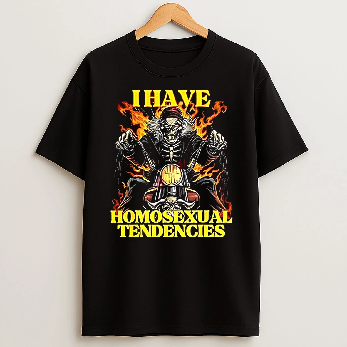 I Have Homosexual Tendencies Burnt Skeleton Riding Motorcycle T Shirt