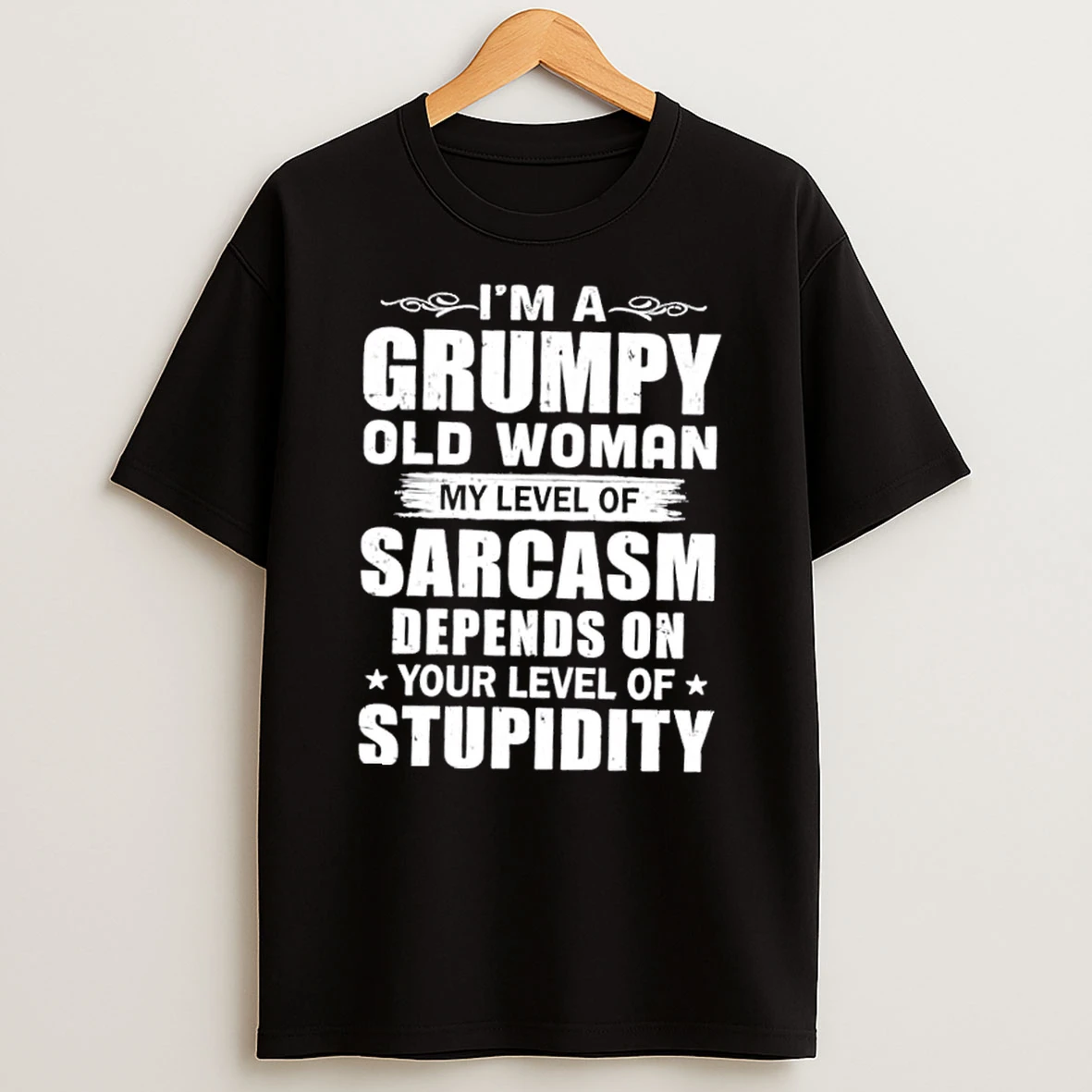 Im A Grumpy Old Woman My Level Of Sarcasm Depends On Your Level Of Stupidity Quote Text T Shirt