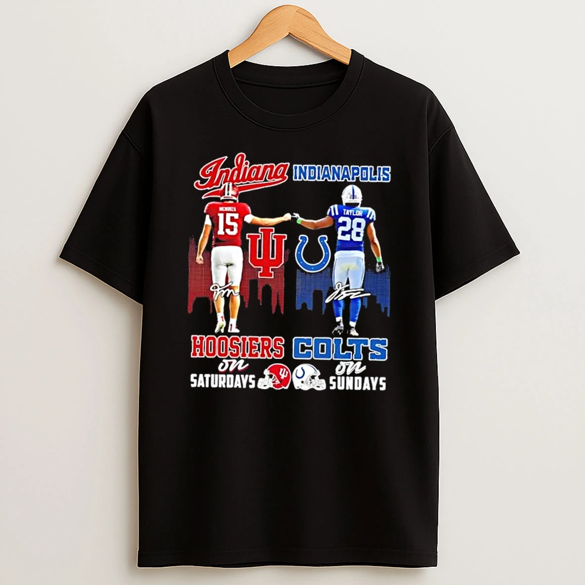 Indiana City Sports Mendoza Hoosiers On Saturdays X Taylor Colts On Sundays Skyline T Shirt
