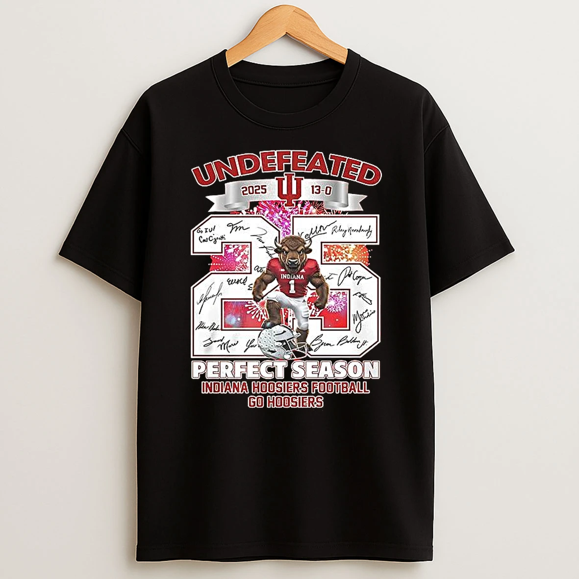 Indiana Hoosiers Football Undefeated Perfect Season 2025 Signature Mascot Firework T Shirt