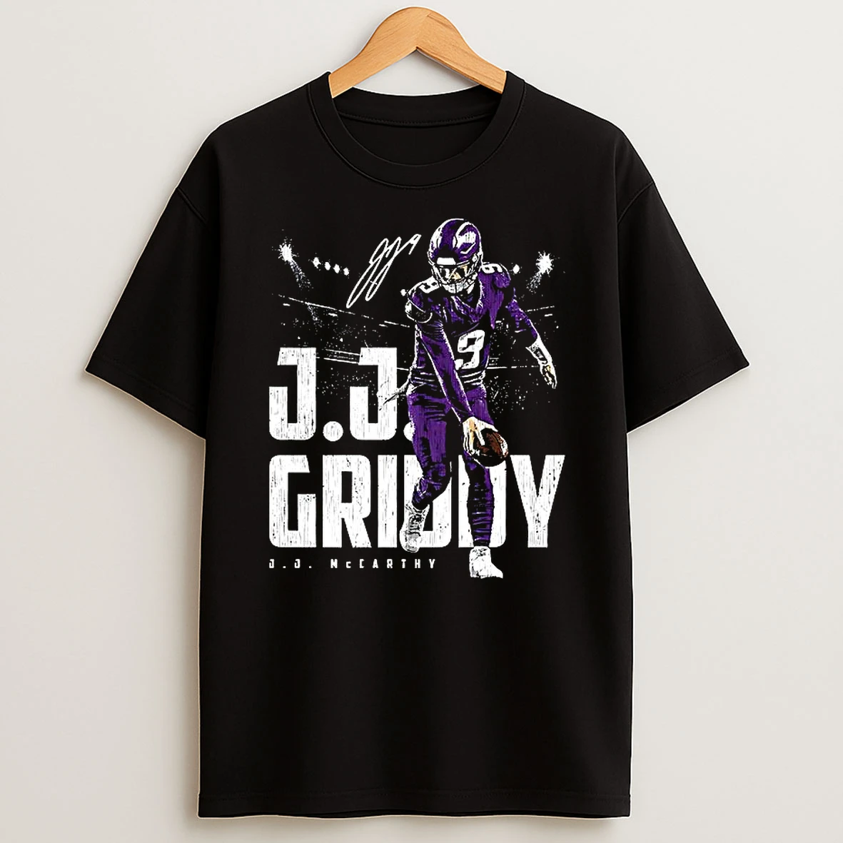 J J Mccarthy Number 9 Minnesota Vikings Nfl Stadium Lights Signature T Shirt