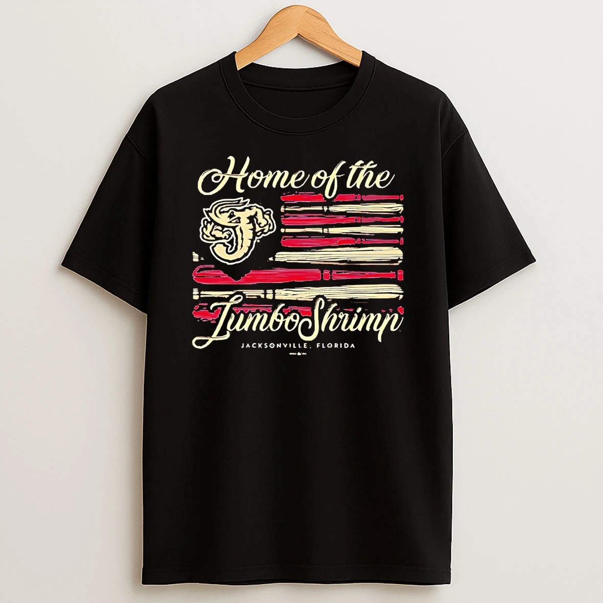 Jacksonville Jumbo Shrimp Home Of The Jumbo Shrimp Bat Flag T Shirt