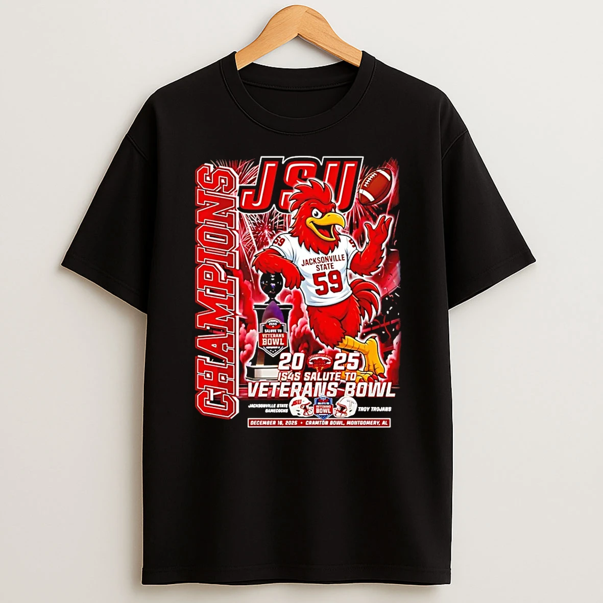 Jacksonville State Gamecocks 2025 Veterans Bowl Champions Mascot Score T Shirt