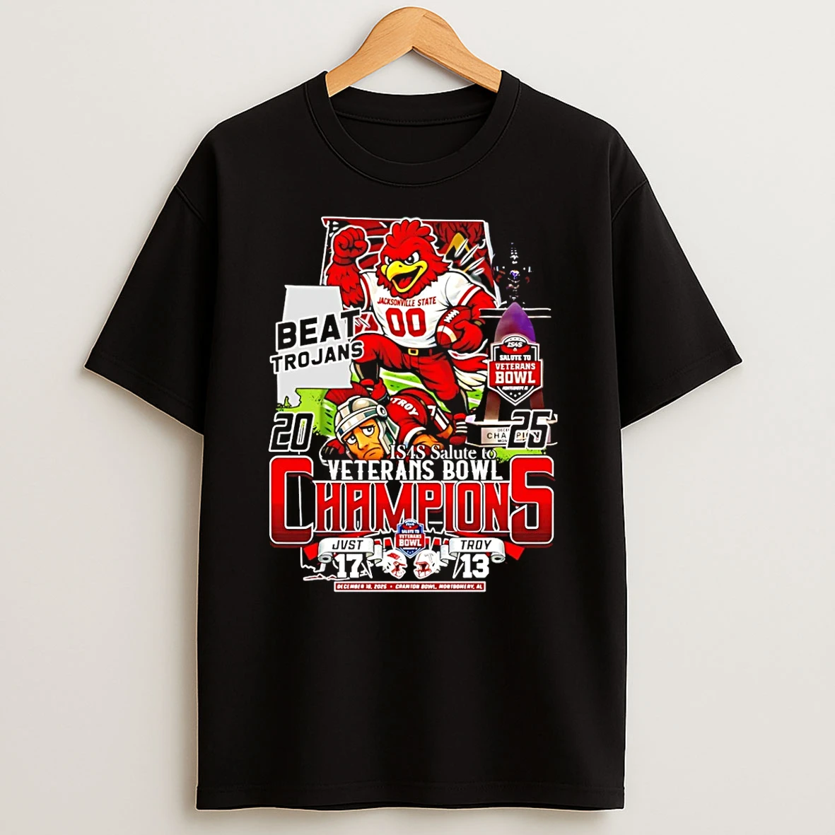 Jacksonville State Gamecocks Beat Trojans 2025 Veterans Bowl Champions Mascot T Shirt