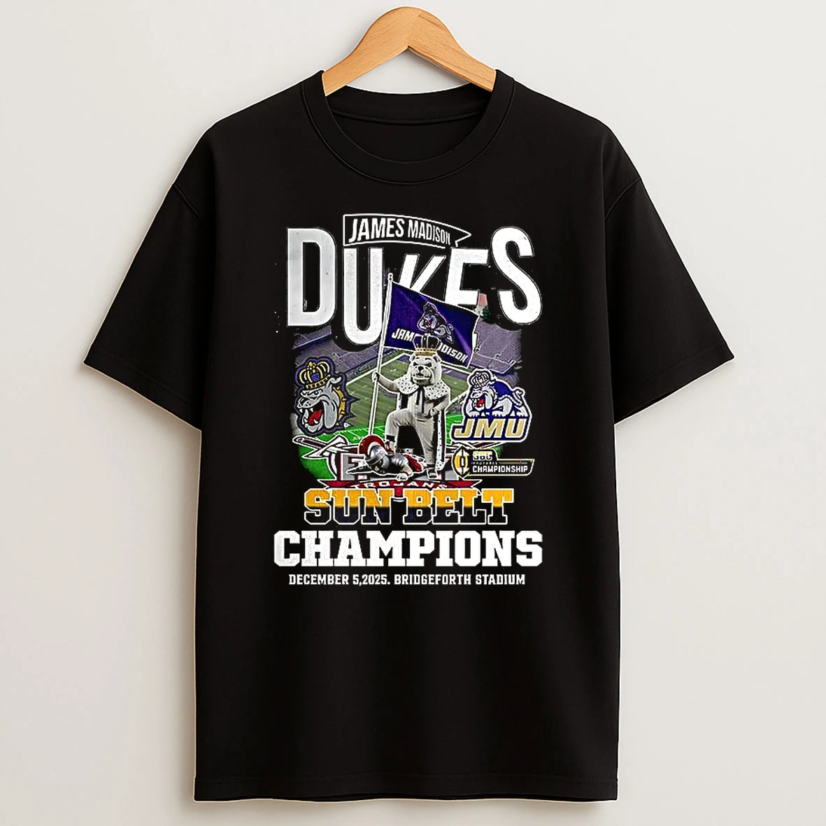 James Madison Dukes Beat Troy Trojans Sun Belt Champions 2025 Mascot T Shirt