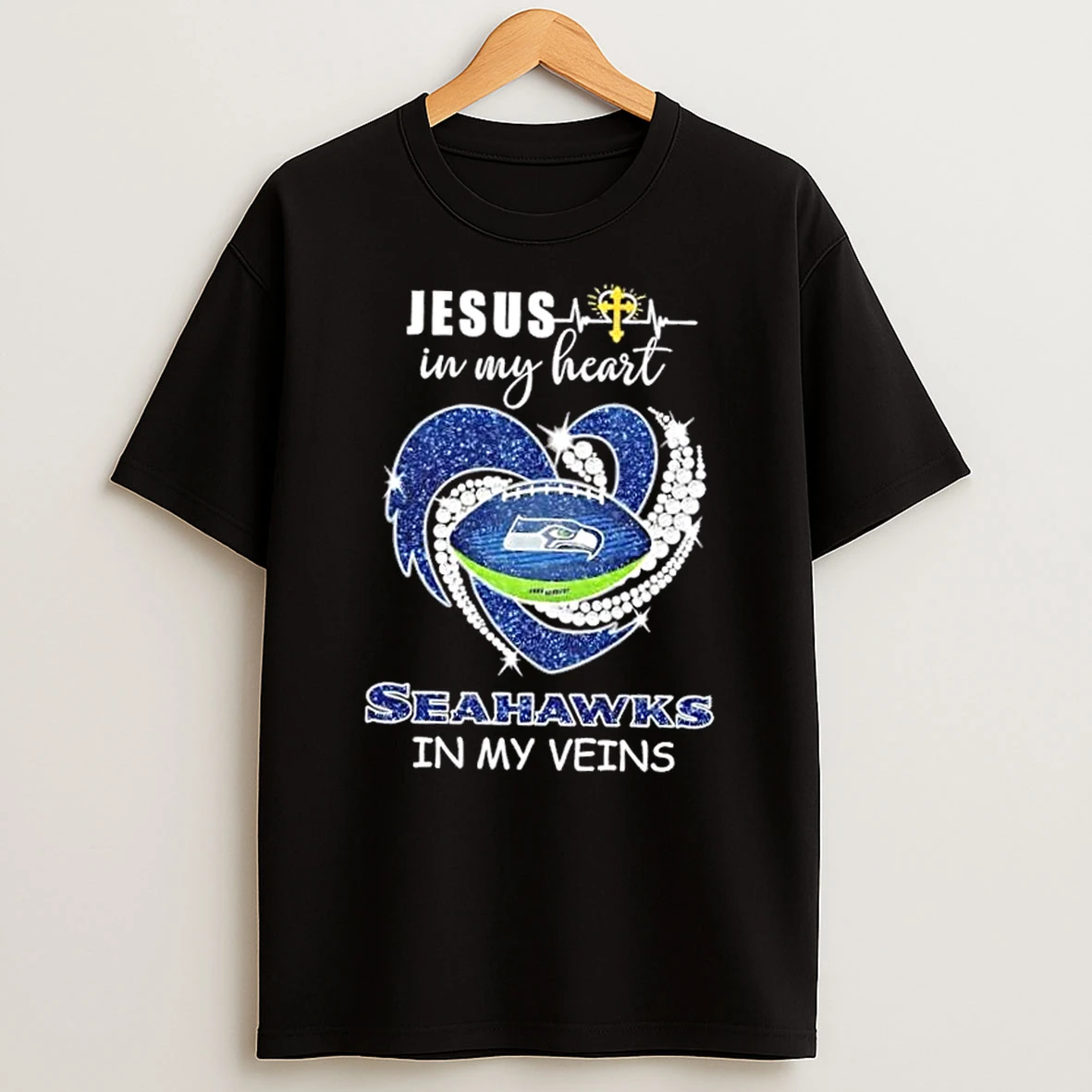 Jesus In My Heart Seattle Seahawks In My Veins Diamond Heart T Shirt