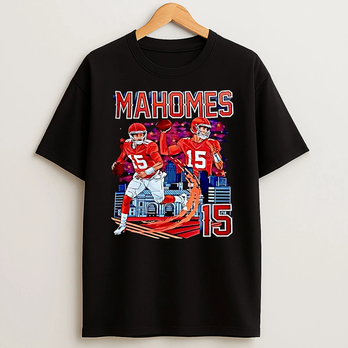 Kansas City Chiefs Patrick Mahomes 15 Player Graphic Skyline T Shirt