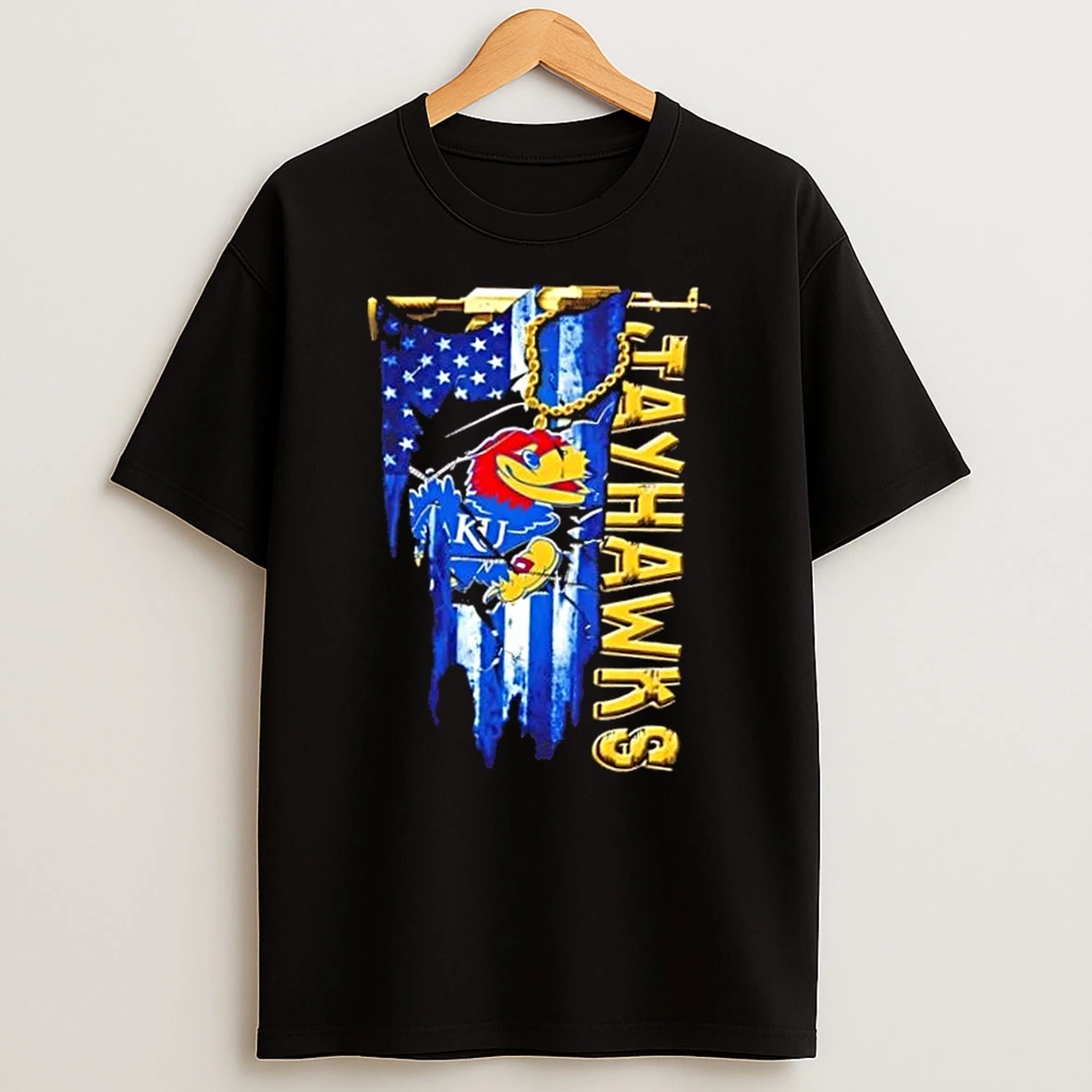 Kansas Jayhawks Football Battle Shattered Usa Flag Rip Design T Shirt