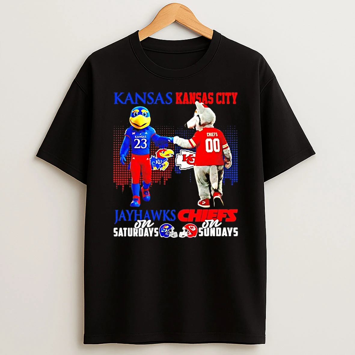 Kansas Jayhawks On Saturdays Vs Kansas City Chiefs On Sundays Mascot Skyline T Shirt