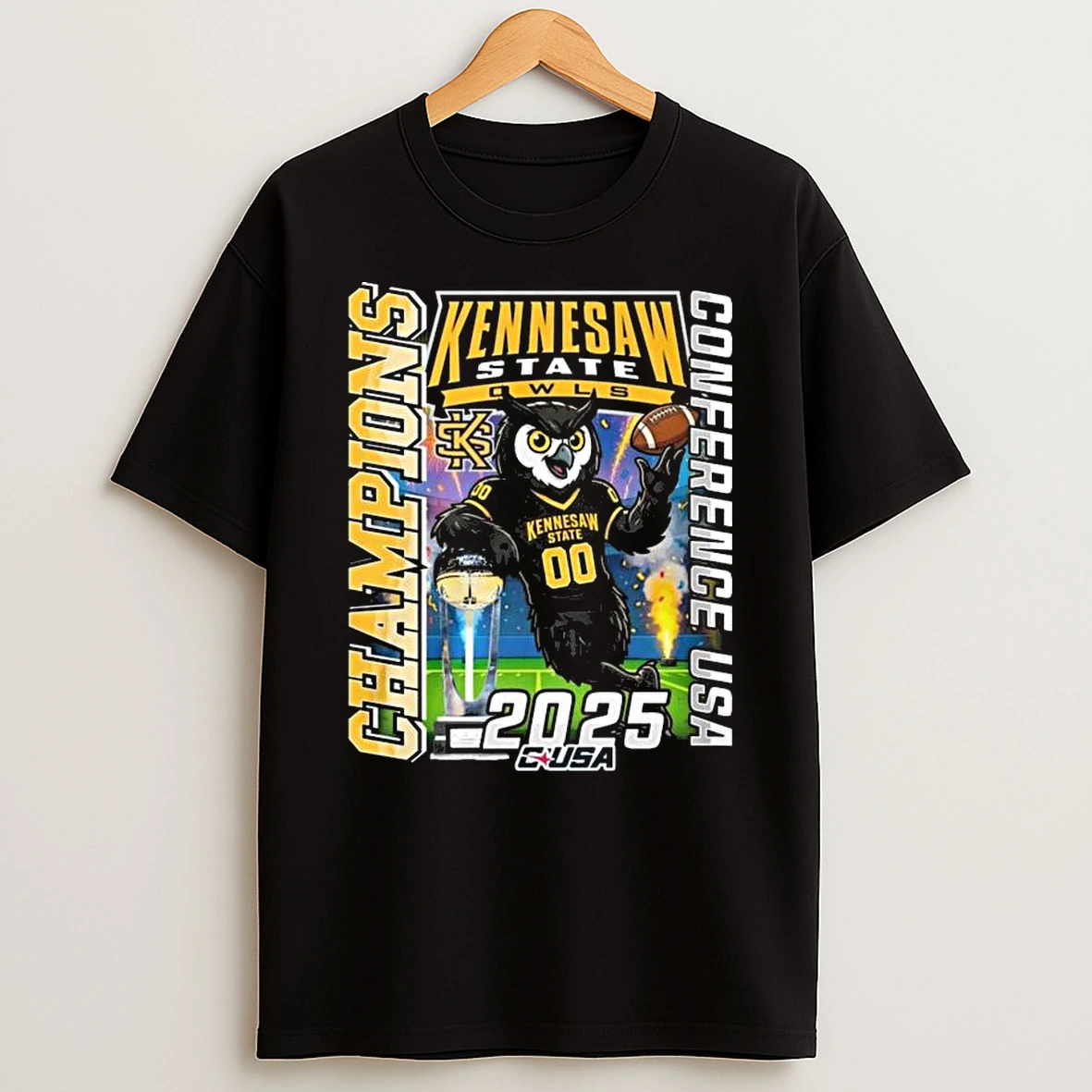 Kennesaw State Owls Champions Conference Usa 2025 Mascot T Shirt