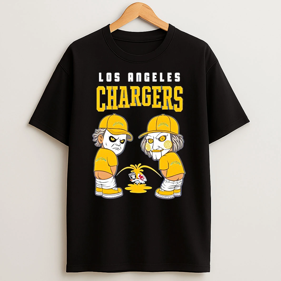 Los Angeles Chargers X Michael Myers And Billy The Puppet Piss On Las Vegas Raiders Vs Denver Broncos T Shirt
