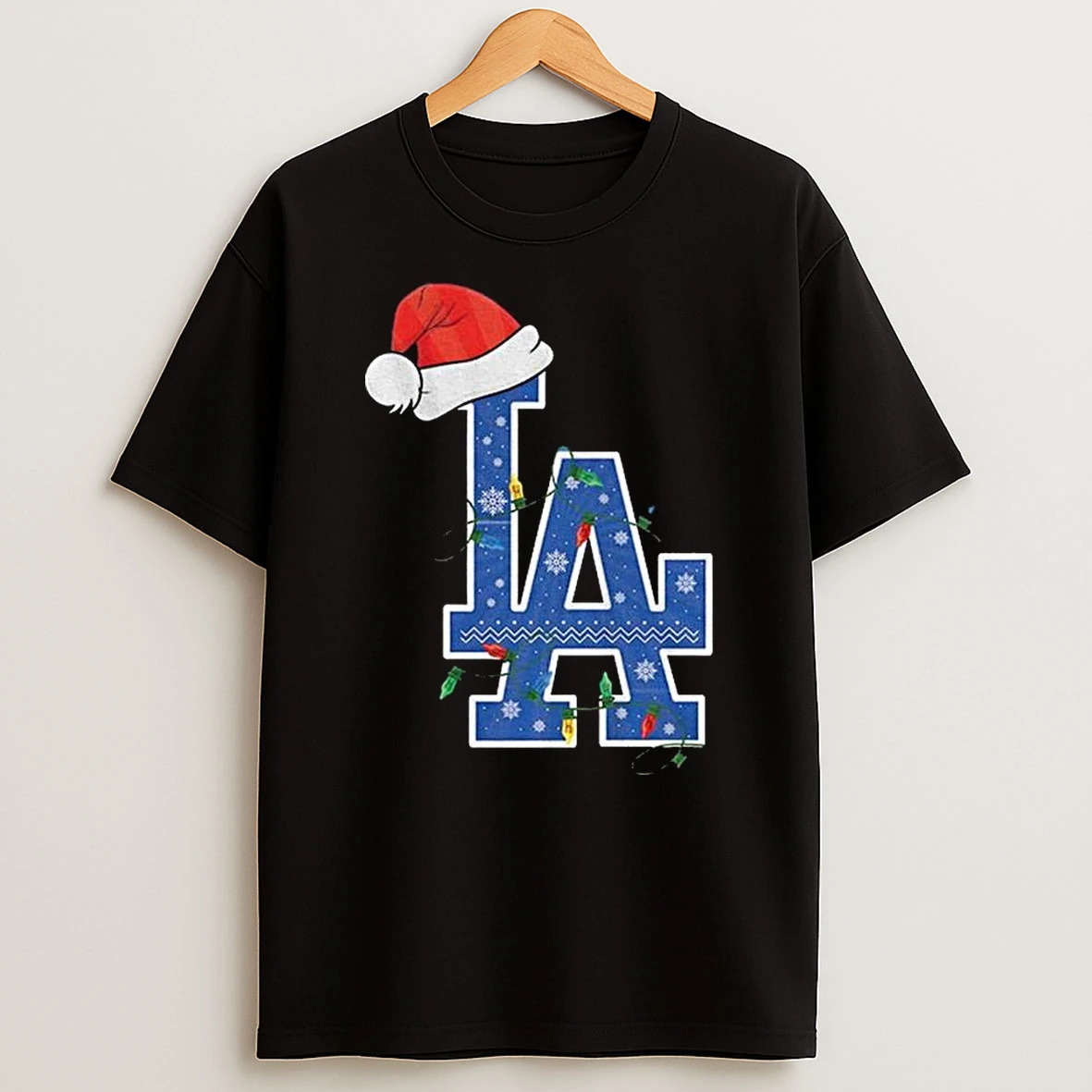 Los Angeles Dodgers Santa Hat Christmas Lights Mlb Baseball 2025 T Shirt