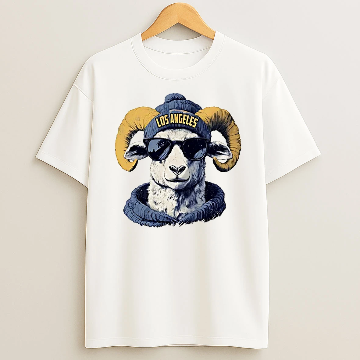 Los Angeles Rams Mascot Wearing A Beanie And Sunglasses Circle T Shirt