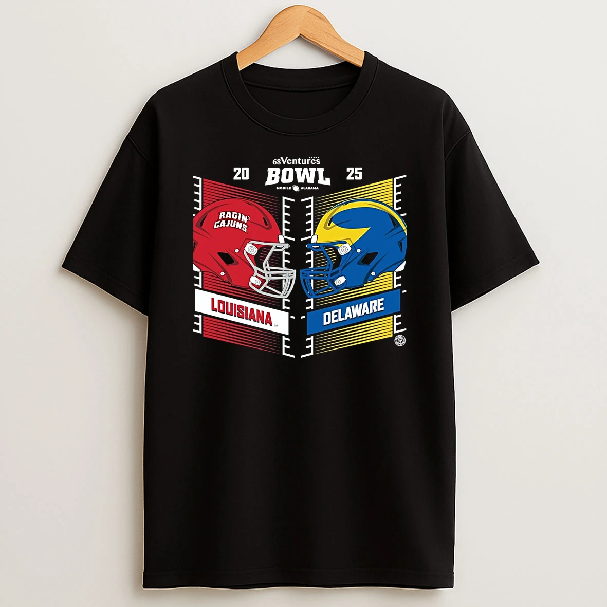 Louisiana Ragin Cajuns Vs Delaware Blue Hens 2025 68 Ventures Bowl Head To Head T Shirt