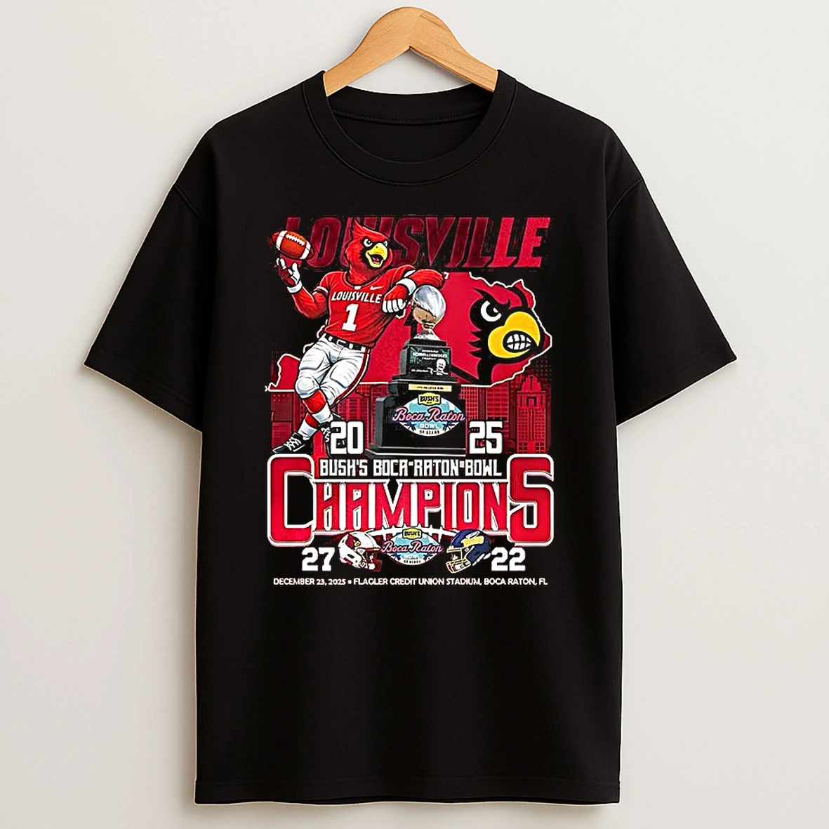 Louisville Cardinals 2025 Bushs Boca Raton Bowl Champions Trophy And Cardinal Bird T Shirt