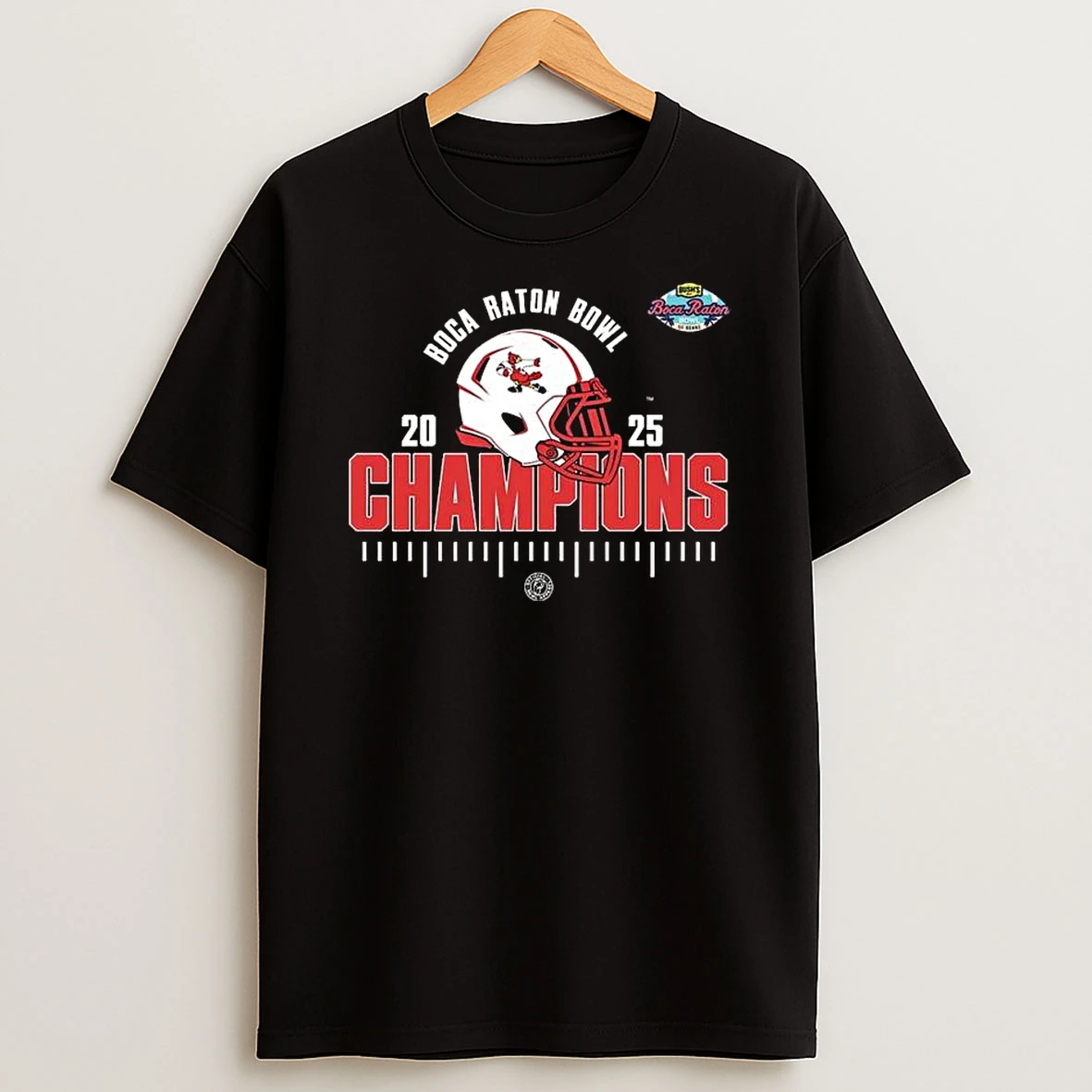 Louisville Cardinals Ncaa 2025 Football Bushs Boca Raton Bowl Of Beans Champions Helmet Logo T Shirt