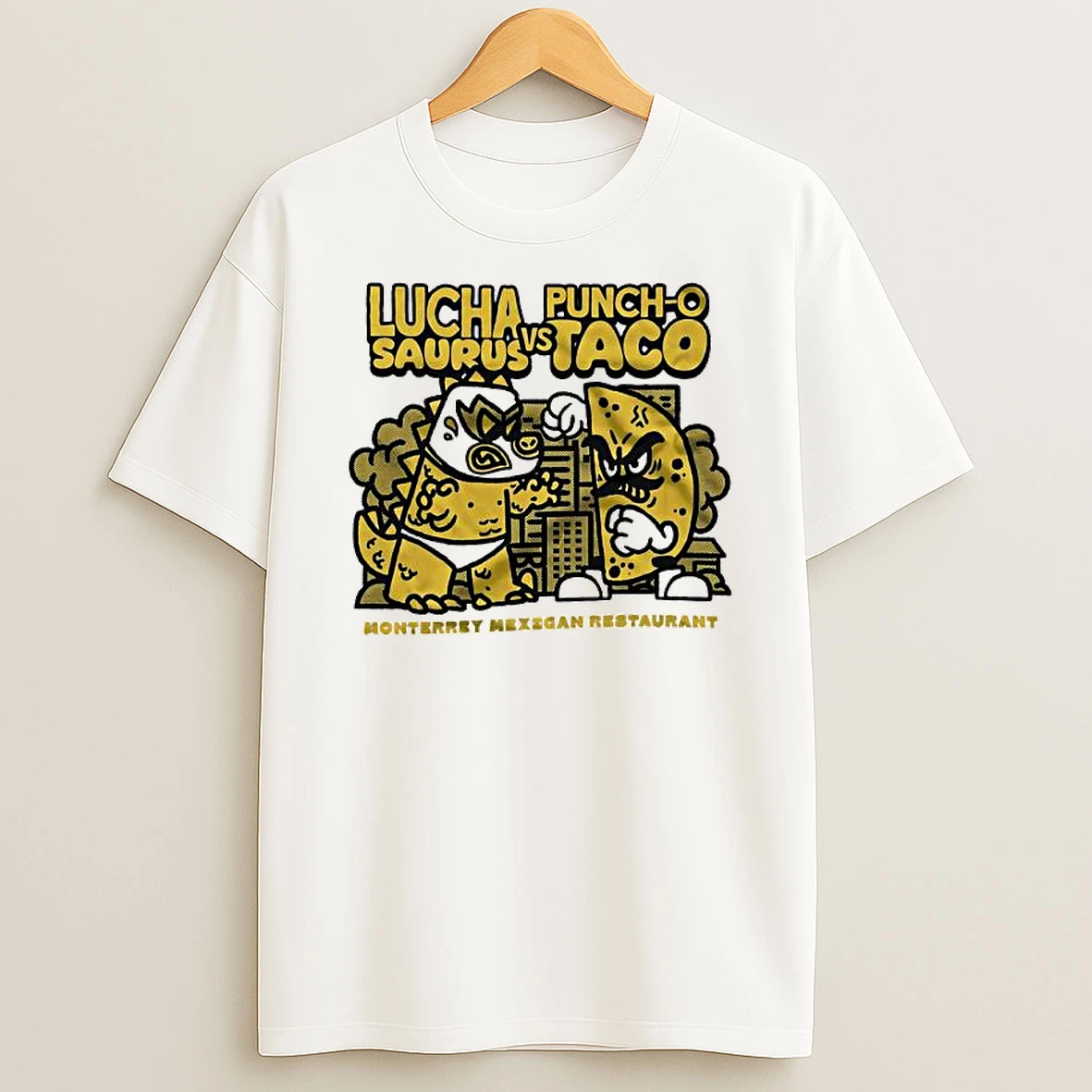 Lucha Punch O Saurus Vs Taco Monterrey Mexican Restaurant Graphic T Shirt