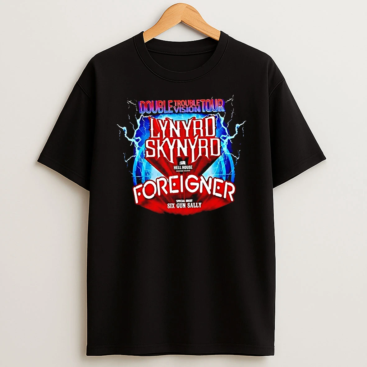 Lynyrd Skynyrd Foreigner Double Trouble Vision Tour Hell House Six Gun Sally T Shirt