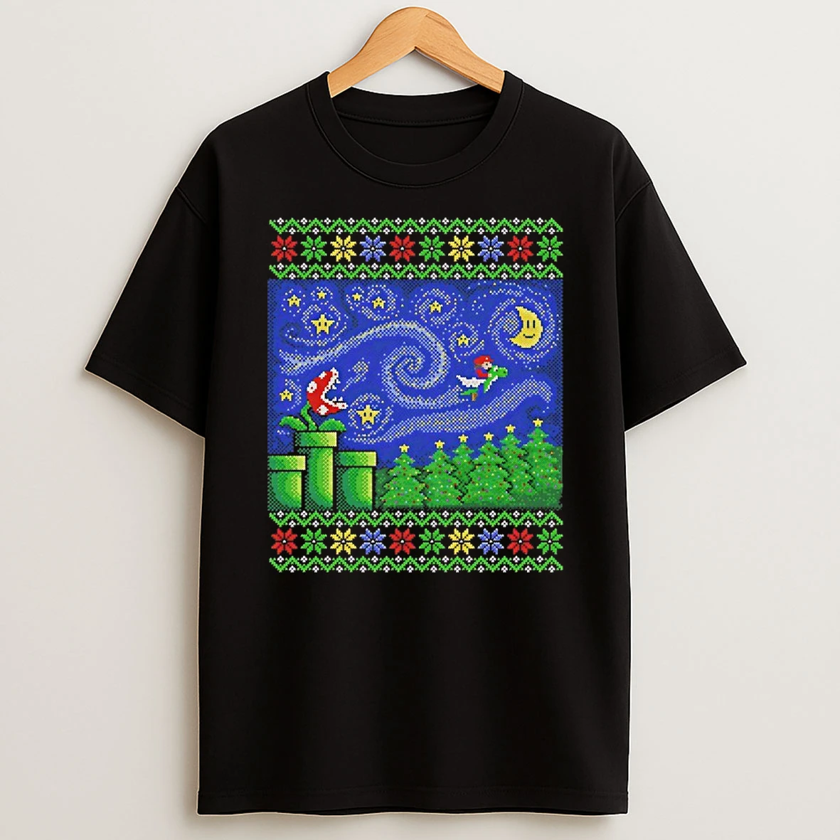 Mario On Yoshi Starry Christmas Flight Ugly Christmas T Shirt