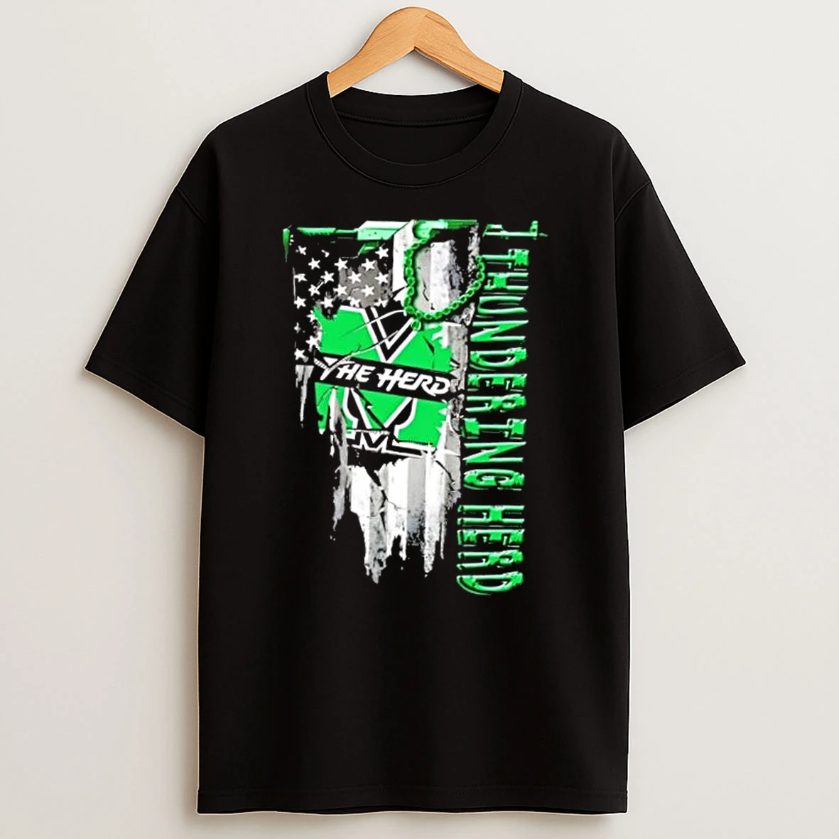 Marshall Thundering Herd Football Battle Shattered Usa Flag Rip Design T Shirt