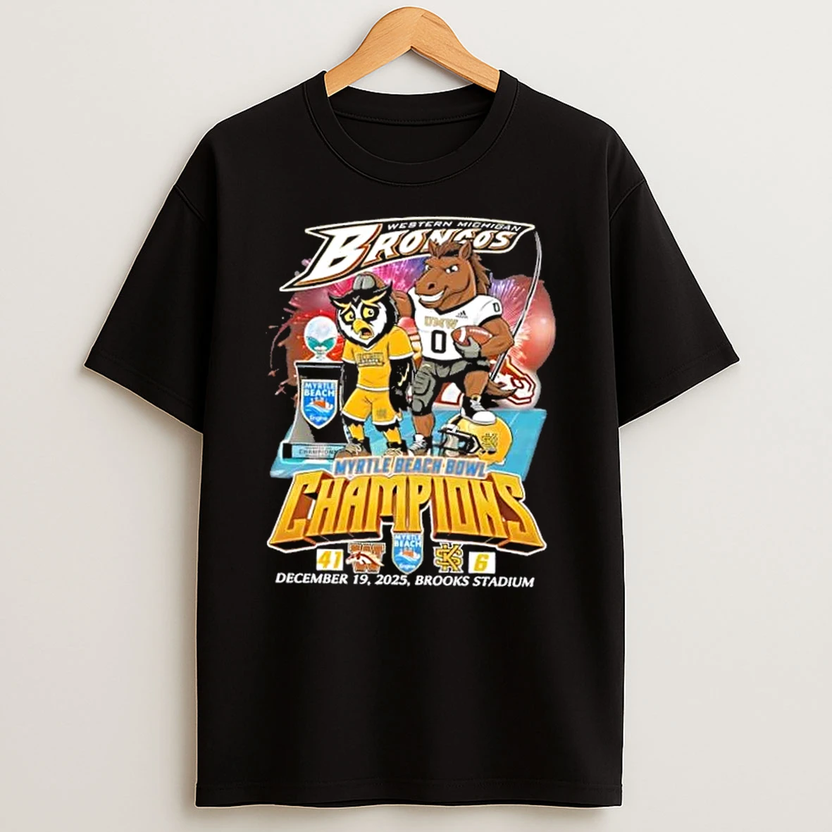 Mascot Western Michigan Broncos Myrtle Beach Bowl Champions Brooks Stadium T Shirt