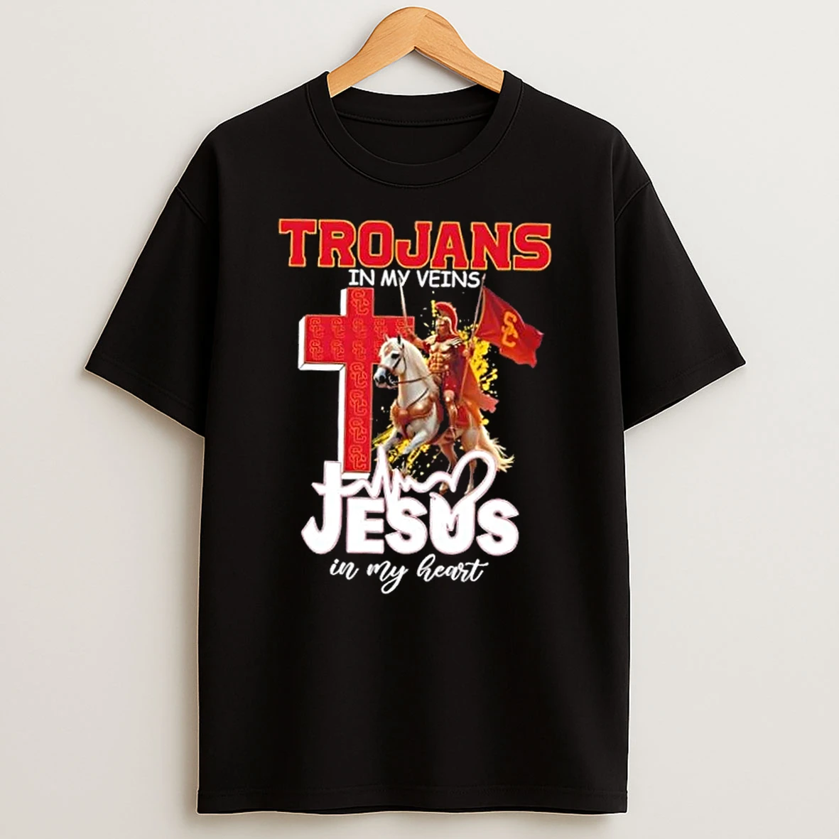 Mascot Hold Flag Usc Trojans In My Veins Jesus In My Heart T Shirt