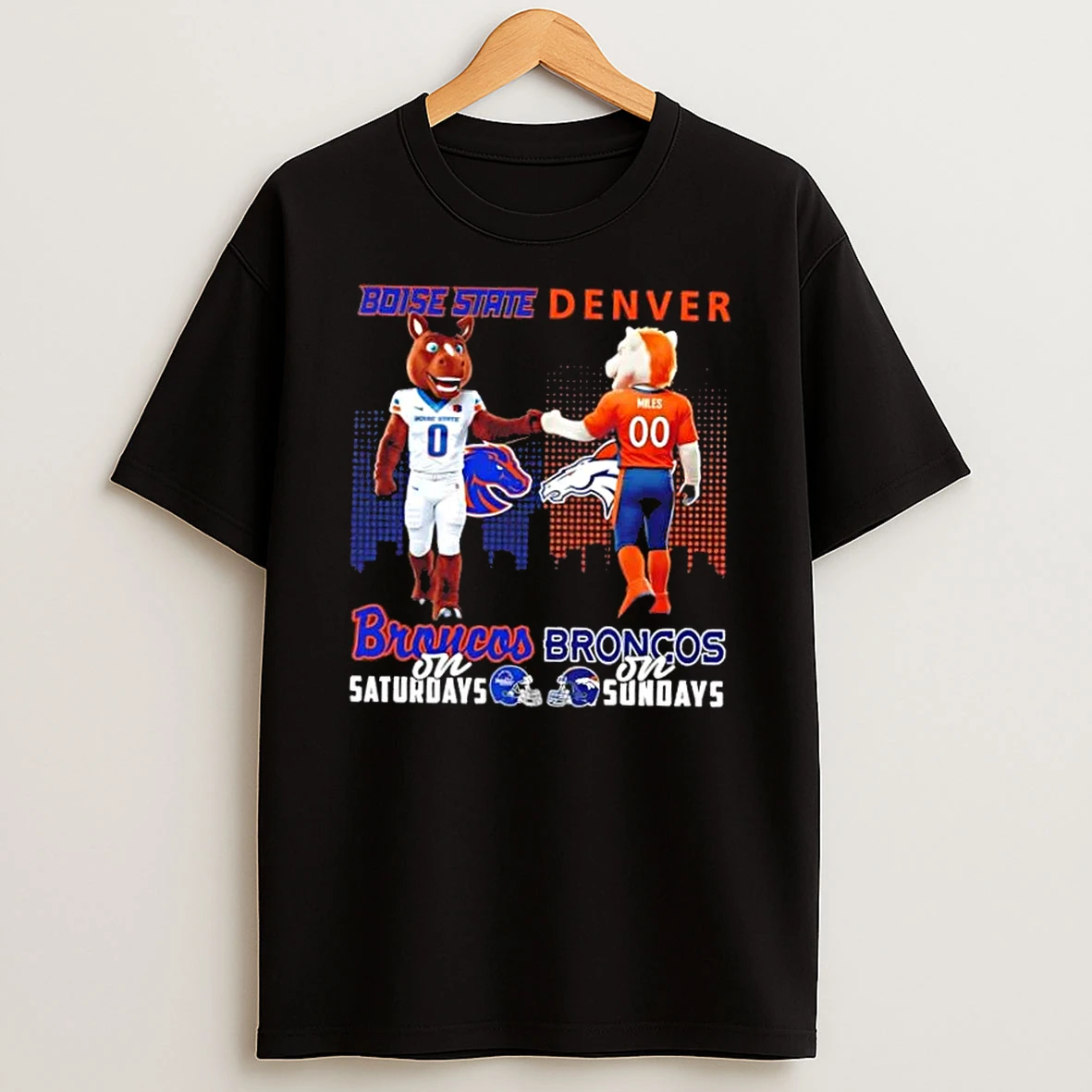 Mascots Boise State Broncos On Saturdays X Denver Broncos On Sundays Skyline T Shirt